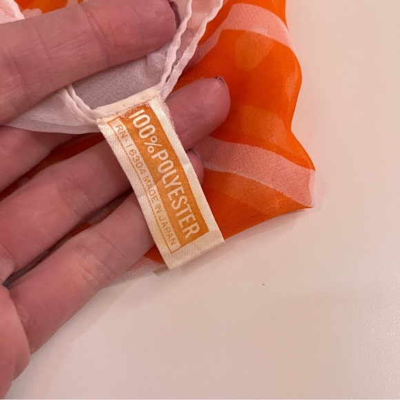 Vintage 60 70 Mod Geometric Orange White Semi Sheer Neck Scarf - Picture 16 of 17